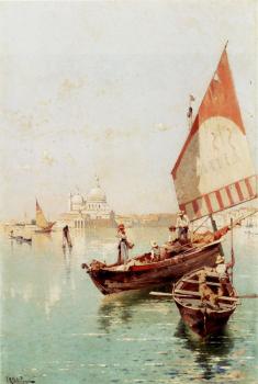 Franz Richard Unterberger : Sailboat In A Venetian Lagoon